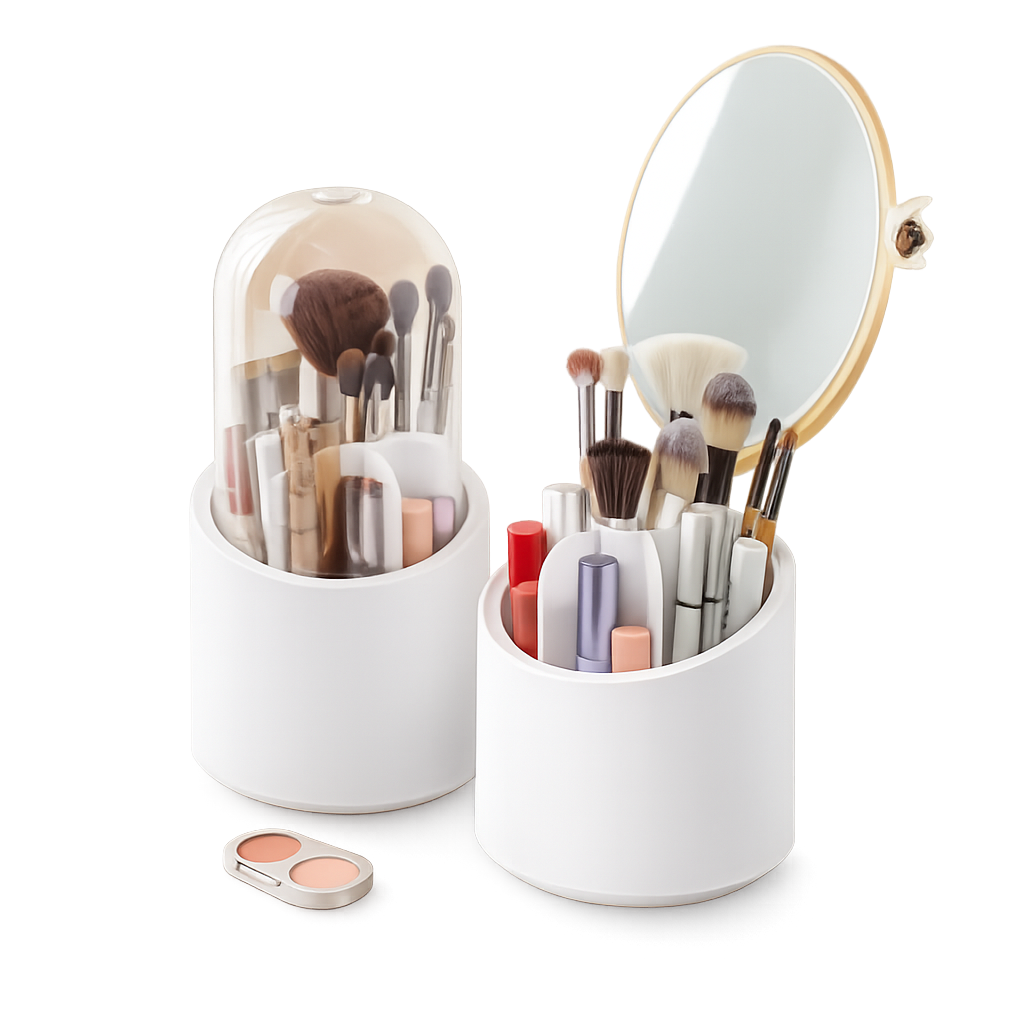 360° Rotating Makeup Brush Organizer ABS White – Cosmetic Storage Holder with Multi Compartments