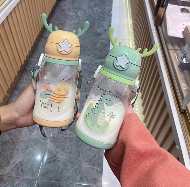 Kids Deer Themed Water Bottle 600ml – Cute Clear Plastic Leakproof School Water Bottle for Boys & Girls