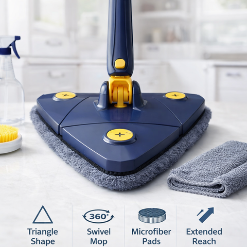 360° Rotatable Triangular Mop Blue – ABS Plastic Cleaning Mop with 3 Replaceable Microfiber Pads