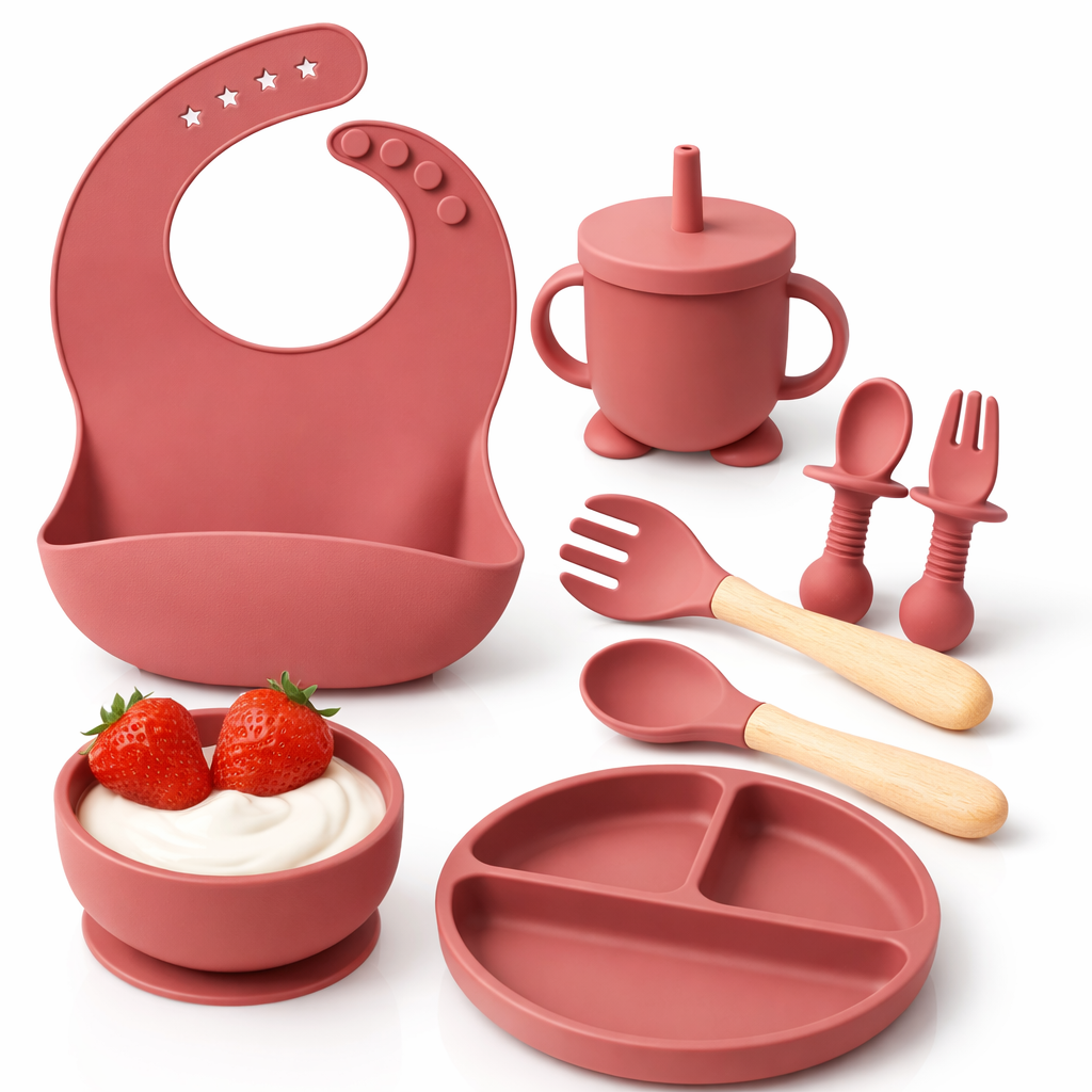 10 Pcs Silicone Baby Feeding Set – Suction Plate & Bowl with Cup, Spoon & Fork | BPA-Free Baby Weaning Kit