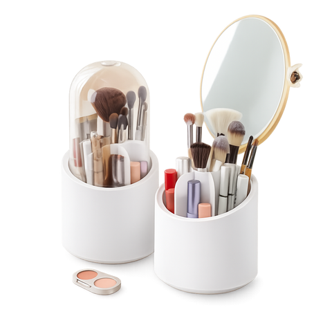 360° Rotating Makeup Brush Organizer ABS White – Cosmetic Storage Holder with Multi Compartments
