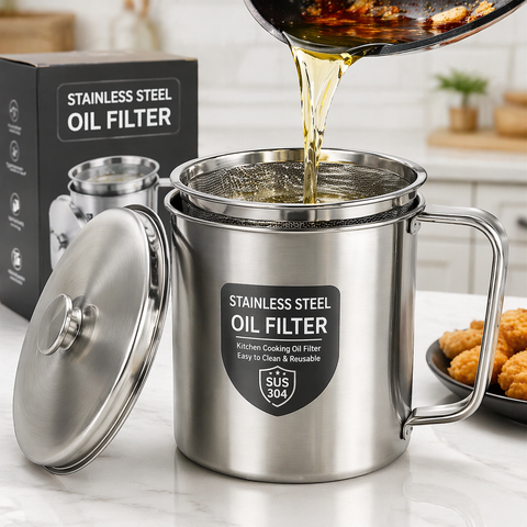 Premium Stainless Steel Oil Filter Pot with Fine Mesh Strainer