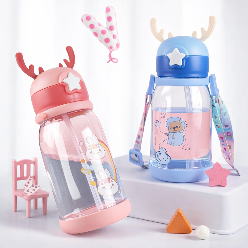 Kids Deer Themed Water Bottle 600ml – Cute Clear Plastic Leakproof School Water Bottle for Boys & Girls