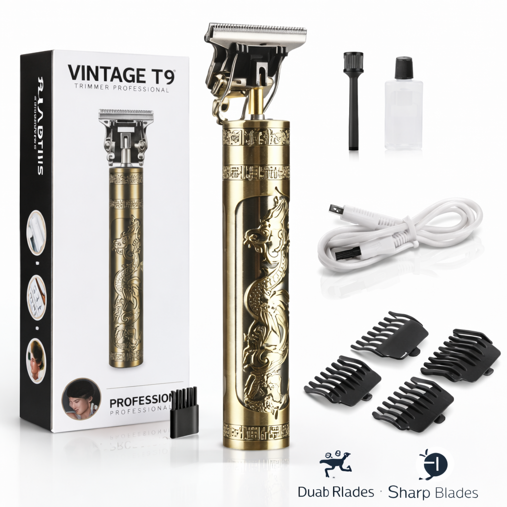 Vintage T9 Hair Trimmer Electric – USB Rechargeable Beard & Hair Clipper (Professional Grooming Kit)