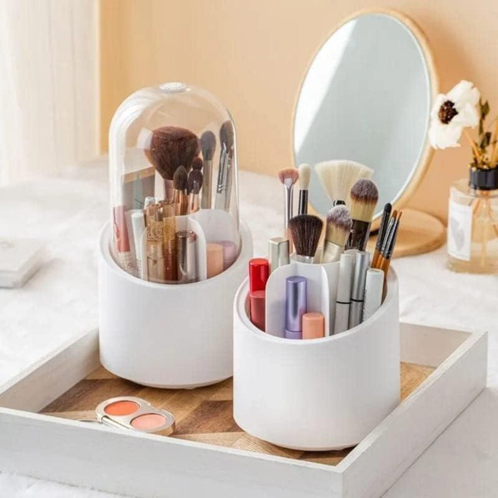360° Rotating Makeup Brush Organizer ABS White – Cosmetic Storage Holder with Multi Compartments