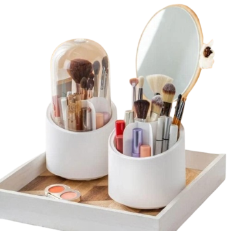 360° Rotating Makeup Brush Organizer ABS White – Cosmetic Storage Holder with Multi Compartments