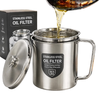 Premium Stainless Steel Oil Filter Pot with Fine Mesh Strainer