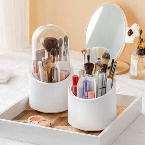 360° Rotating Makeup Brush Organizer ABS White – Cosmetic Storage Holder with Multi Compartments