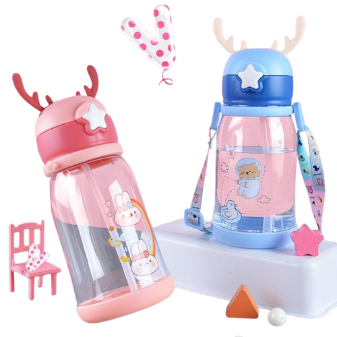 Kids Deer Themed Water Bottle 600ml – Cute Clear Plastic Leakproof School Water Bottle for Boys & Girls